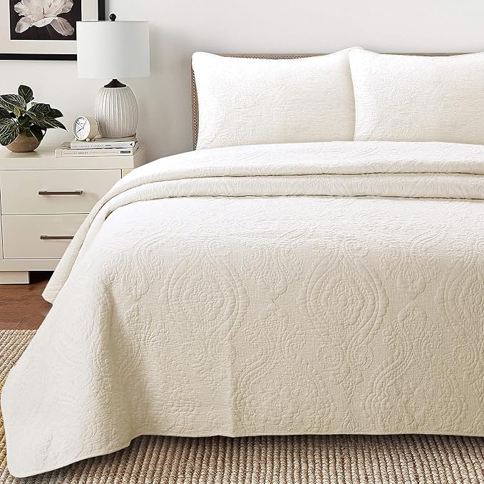 Cozy Line Home Fashions Ivory Cotton Quilt Set – 3-Piece Quilted Damask Medallion Bedspread with Shams, Textured All Season Elegant Bedding, King