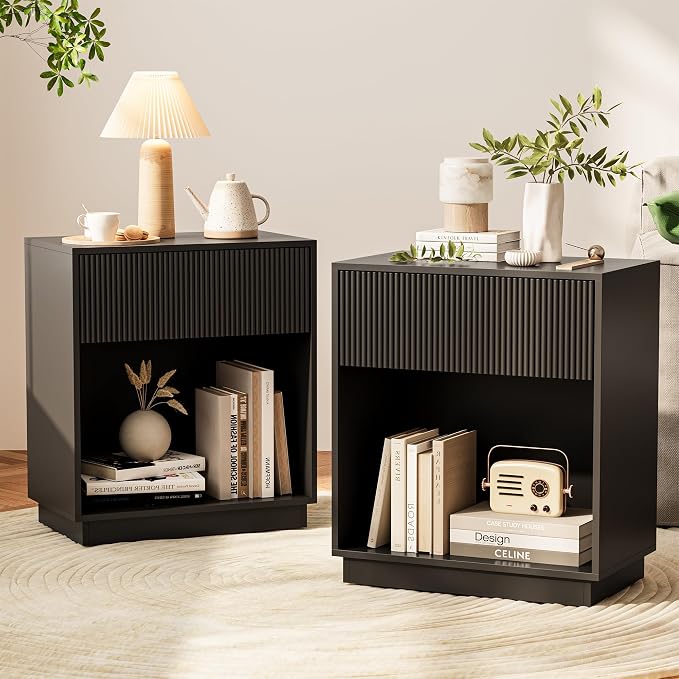 Fluted Nightstands Set of 2, Modern Bedside Table with Storage Drawer and Open Wood Shelf, Wood End Table Mid Century Night Stands for Bedroom Living Room Sofa Couch Office (Black)