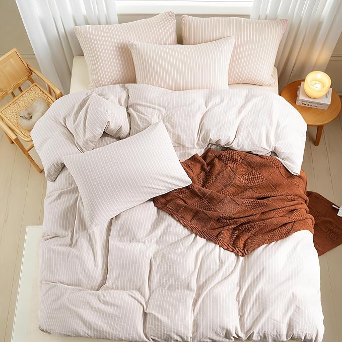 NEXHOME PRO Striped Duvet Cover Full Size,100% Washed Cotton Bedding Set,Textured Linen Feel,Breathable,Organic,3 Piece(White Stripes 80x90)