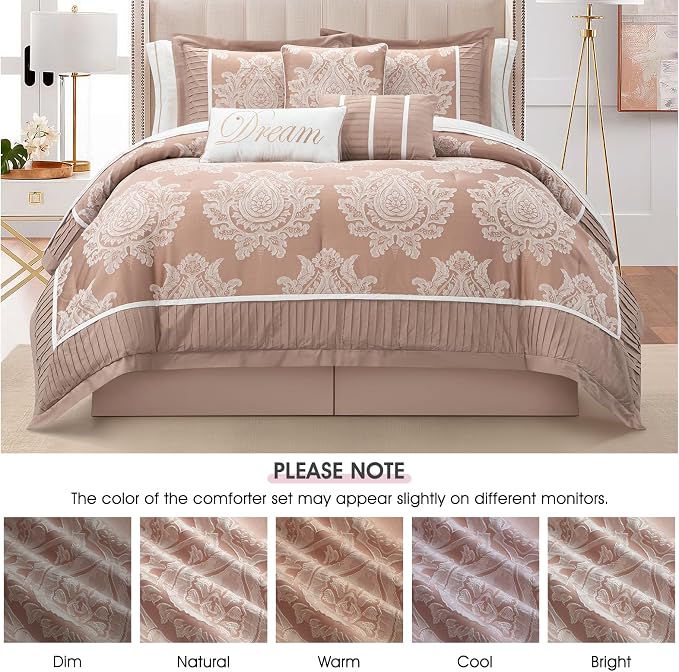 Blush California King Comforter Set, 15 Pieces, Damask Jacquard Woven, Bedding Set with Sheets, Room in a Bag, Comforter, Bed Skirt, Pillow Shams and Decor Pillows, Curtains