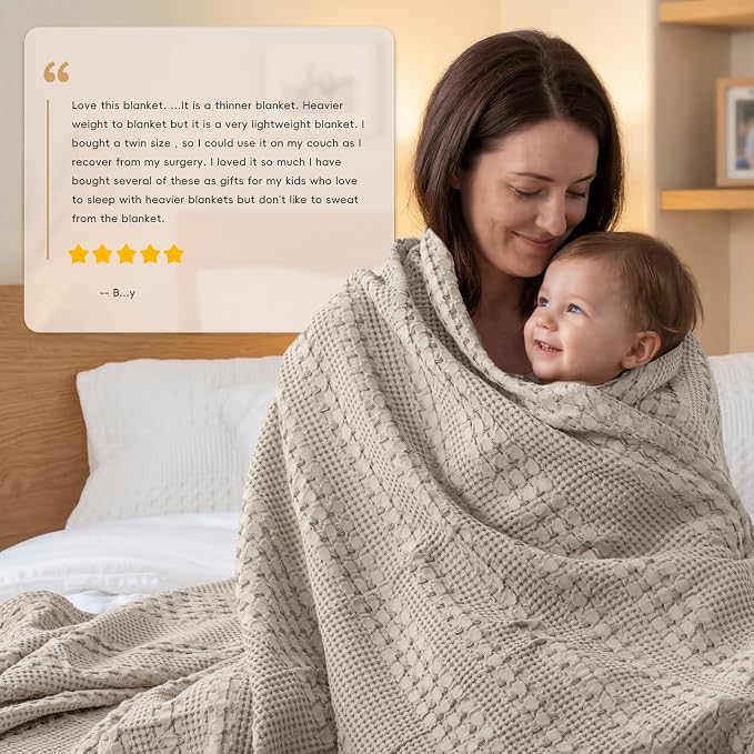 PHF Lightweight 100% Cotton Waffle Blanket for Bed, King, Pearl Gray | Pre-Washed Soft Cotton Comfort, Breathable Layering Warmth for Fall & Winter, Bed, Sofa, Couch, Home Decor & Gifts