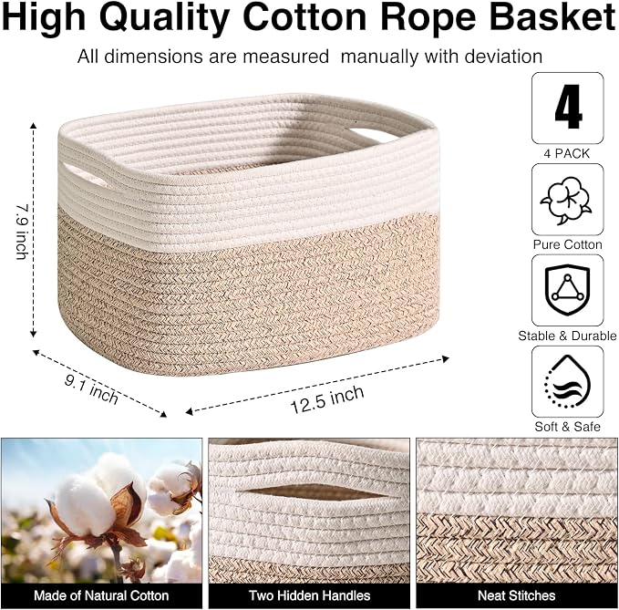 ICERZCZ Storage Baskets for Shelves, Woven Storage Basket, Bins for Cube Storage, Cotton Rope Basket with Handles for Toy, Book, and Clothes Living Room, (4 Packs) Off White & Brown