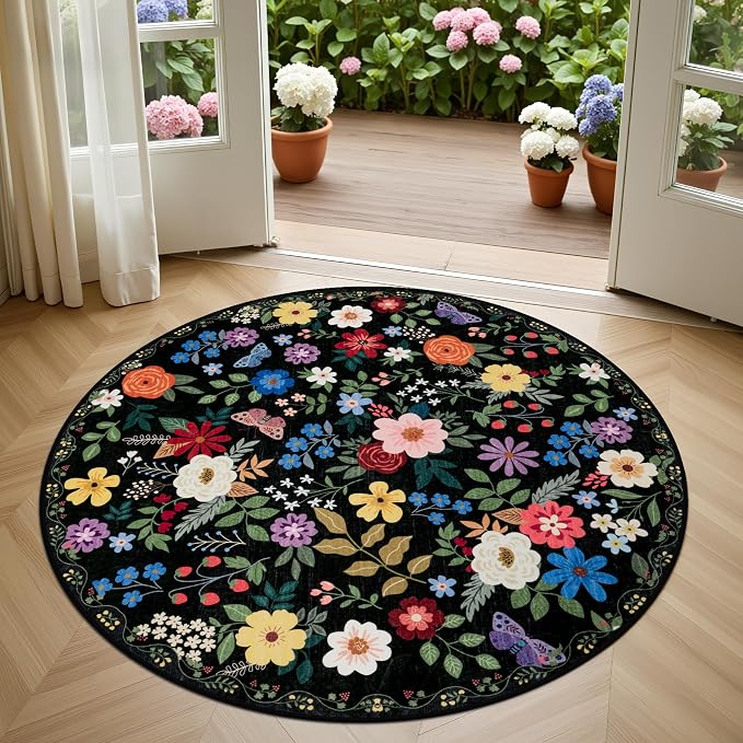 PLHXFR Round Area Rug Living Room: 4 ft Floral Washable Soft Carpet Black | For Bedroom Dining Room Farmhouse Nursery Hallway,Vintage Floral,Machine washable,Non Slip,Stain Resistant,Large Indoor