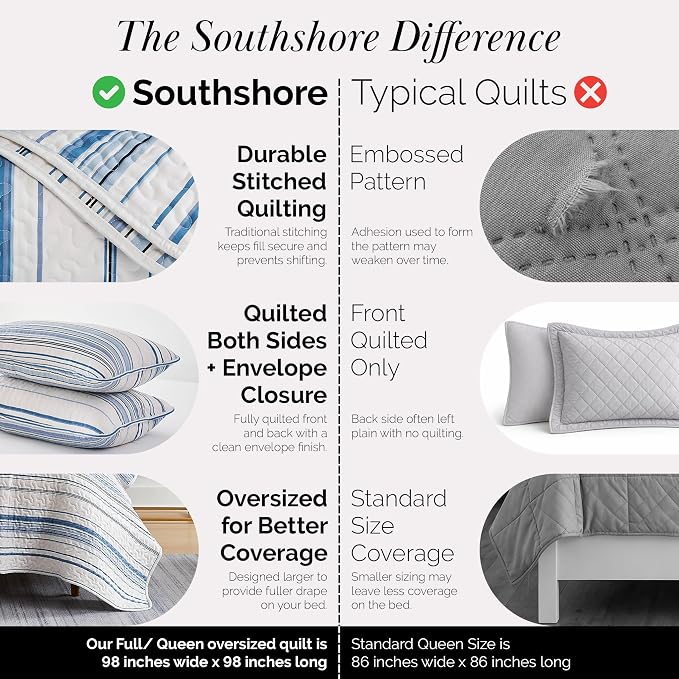 Southshore Fine Living, Inc. Oversized Queen Quilt Set, Striped Blue/White Quilt Bedspread Queen/Full, 3-Piece Coastal Bedding Set with Lightweight Coverlet and Matching Quilted Shams, Blue Stripes