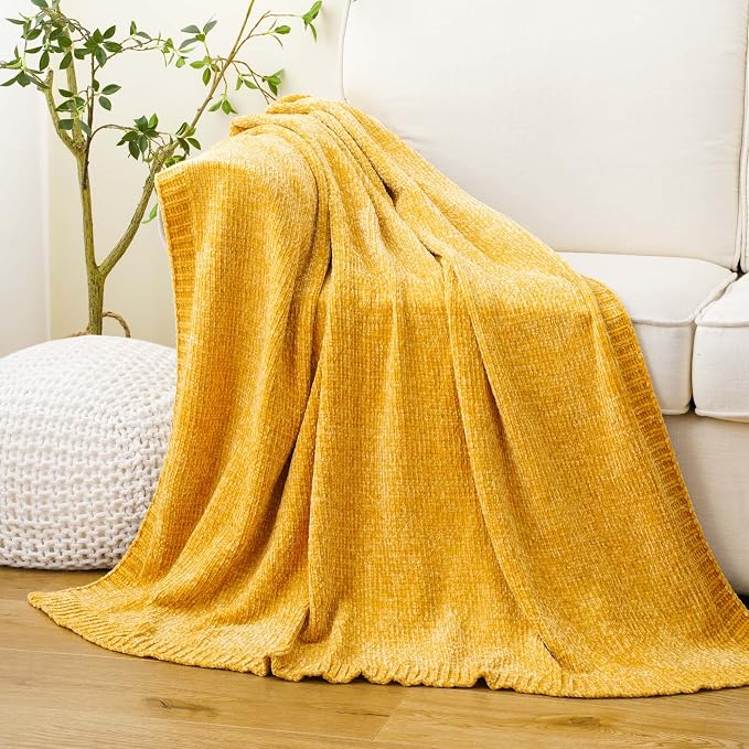 Mustard Yellow Throw Blanket for Couch, Chenille Throw Blanket 51"x67" | Shiny Chenille Blanket, Cozy Brethable Knit Throw Blanket, Fall Mustard Blanket for Bed Sofa Home Decor