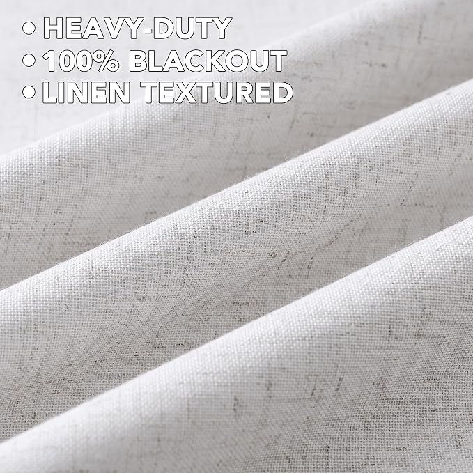 H.VERSAILTEX Linen Curtains 100% Blackout Curtains for Bedroom 45 inch Long Full Light Blocking Nature Linen Blended Window Curtains for Living Room Nickel Grommet (2 Panels, Heathered White)