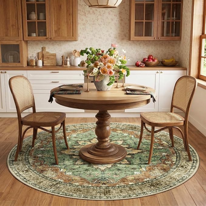 RELEANY Washable Area Rug, Round 6ft, Brick/Brown/Green | Non-Slip, Water Repellent, Pet Friendly, Easy to Clean, Vintage Floral Boho Decor for Living Room Bedroom Dining Room