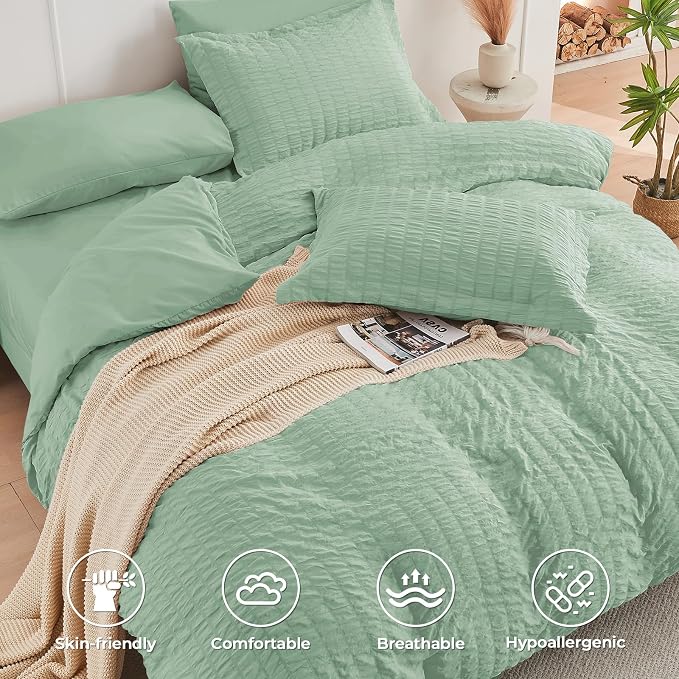 HYMOKEGE Sage Green Oversized King Comforter Set Seersucker 7 Pieces, All Season Luxury Bed in a Bag for Bedroom, Bedding Set with Comforter, Sheets, Pillowcases & Shams