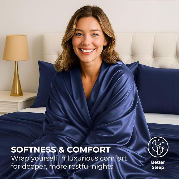 Satin Sheets Full [4-Piece, Midnight Blue] Hotel Luxury Silky Bed Sheets - Extra Soft 1800 Microfiber Sheet Set, Wrinkle, Fade, Stain Resistant - Deep Pocket Fitted Sheet, Flat Sheet, Pillow Cases