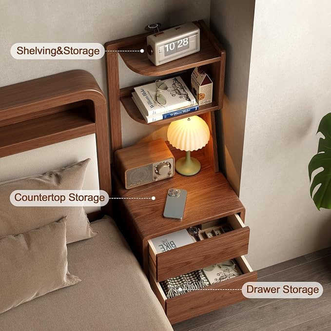 Solid Wood Bookshelf Nightstand Combo, Tall Nightstand with Bookshelf | Walnut Nightstand Bookshelf,Solid Wood Nightstand with Drawers,Open Shelf Bookcase,for Bedroom,Living Room,Offices
