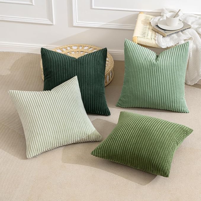 MIULEE Soft Corduroy Decorative Throw Pillow Covers Forest Green 22x22 | Set of 4, Mordern Nordic Home Decor, Gradient Color Matching, Boho Farmhouse Cushion Covers for Couch Bed Sofa Living Room