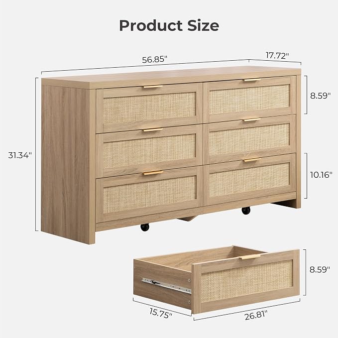 SICOTAS Rattan Dresser for Bedroom, 57" Wide 6 Drawer Dresser | Dressers with Ample Storage, Large Chest of Drawers, Closet, Boho TV Stand for Bedroom, Reclaimed Light Oak, 1 Piece