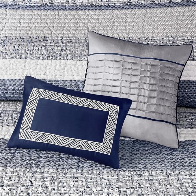 Madison Park Lustrous Jacquard Lightweight Navy Queen Quilt Set, 6pc | All Season Bedding Set, Glitter Accent Coverlet Set, Machine Washable, Cozy, Breathable, Soft, Modern, Casual