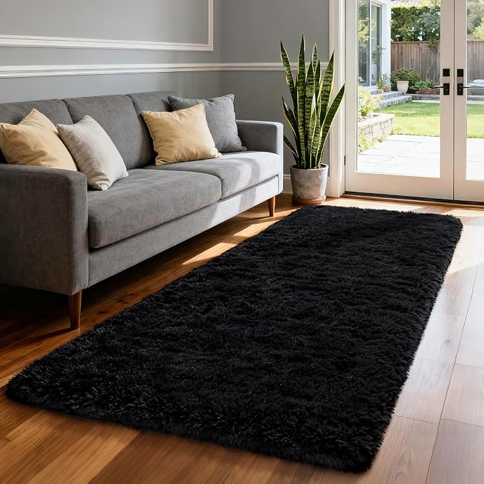 Soft Fluffy Rugs for Bedroom Living Room, 2x6 Hallway Runner Rugs, Furry Shag Bedside Area Rug Indoor Accent Floor Carpet, Plush Fuzzy Rug for Dorm Nursery Kids Room Decor, Black