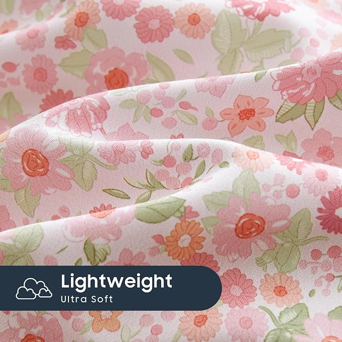 Wake In Cloud - Floral Duvet Cover Set, Cute Vintage Flower Cottagecore Aesthetic for Women Teen Girls, Soft Lightweight Bedding, 3-Piece, Pink, Twin/Twin XL Size