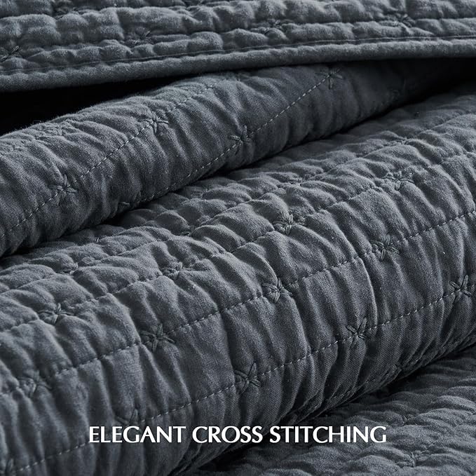 100% Cotton Cross Stitch 3-Piece Quilt Set, Queen, Midnight Blue | Cross Stitch Cotton Quilt, Pre-Washed Bedding Set, Oversized Lightweight Bedspread Coverlet, for All Season, with 2 Shams