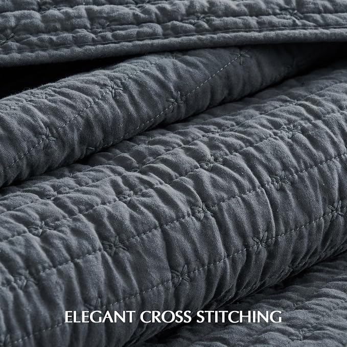 100% Cotton Cross Stitch 3-Piece Quilt Set, King, Midnight Blue | Cross Stitch Cotton Quilt, Pre-Washed Bedding Set, Oversized Lightweight Bedspread Coverlet, for All Season, with 2 Shams