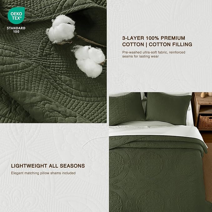 GOONE 100% Cotton Quilt Set King Size, Bedding Sets 108x98 in, Olive Green | Lightweight Breathable Bedspread for All Season, 3-Piece Floral Medallion Stitch Country Quilted Coverlet with 2 Pillow Shams