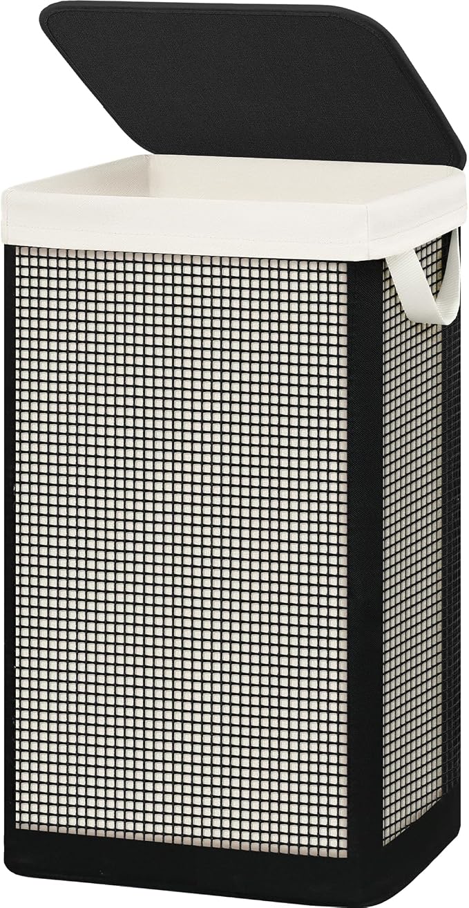 STO STO Laundry Hamper with Lid, 90L Sturdy Steel-Frame Clothes Hamper with Removable Washable Liner, Breathable Large Laundry Basket for Bedroom, Bathroom, Laundry Room, Dorm, Closet