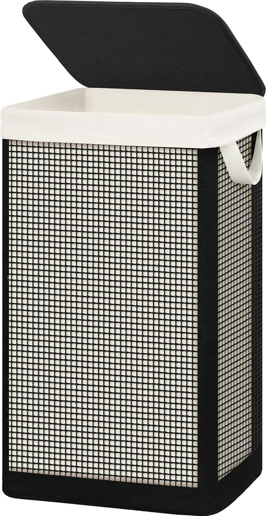 STO STO Laundry Hamper with Lid, 90L Sturdy Steel-Frame Clothes Hamper with Removable Washable Liner, Breathable Large Laundry Basket for Bedroom, Bathroom, Laundry Room, Dorm, Closet