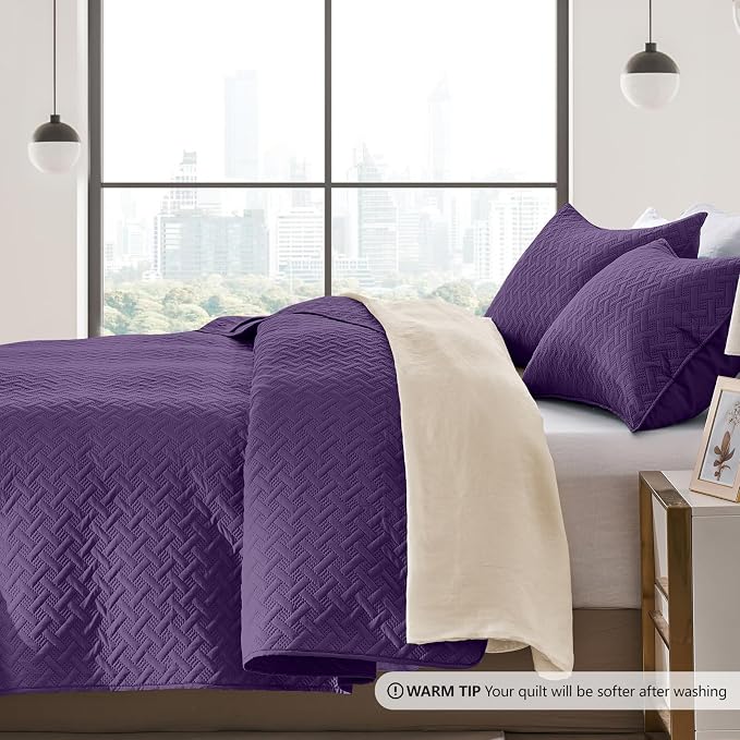 FLYMME Quilts King Size,Lightweight Purple Bedspreads,Basket Weave Pattern,Ultra Soft Microfiber Bed Coverlet 3 Pieces for All-Seasons (1 Quilt,2 Pillow Shams)