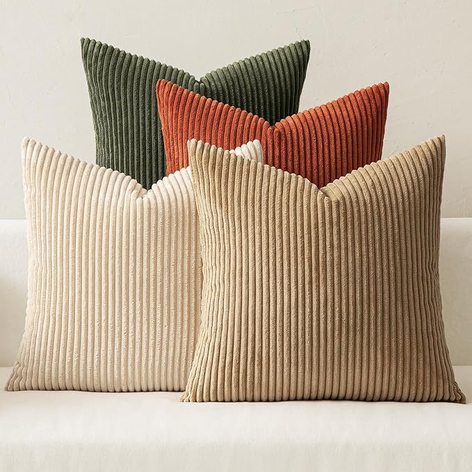 MIULEE Fall Corduroy Decorative Throw Pillow Covers Rust-Olive Green 24x24 | Set of 4, Vintage Fall Decor, Rustic Brown Green Collection, Boho Farmhouse Cushion Covers for Couch Bed Sofa Living Room