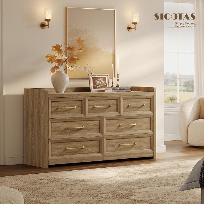 SICOTAS Dresser for Bedroom with 7 Drawers, 56.5" Wide Large Modern Dresser | Chest of Drawers for Living Room, Closet Clothes Storage Organizer Smooth Sliding Drawers, Brown Oak