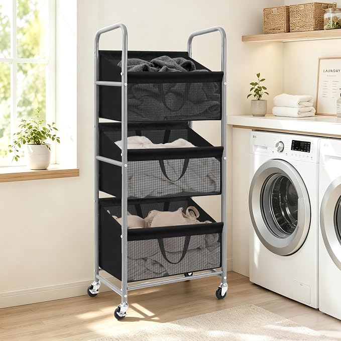STO STO 3-Tier Vertical Rolling Laundry Hamper, Removable Bags, Black Mesh | 120L Capacity, Space-Saving Vertical Design, Rust-Resistant Steel Frame, Lockable Wheels, Ideal for Apartments & Small Spaces