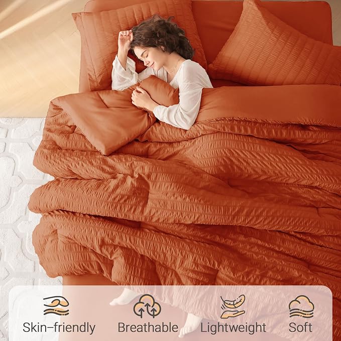 7 Pieces Oversized King Comforter Set, Seersucker Bed in a Bag Oversized King Size, All Season Luxury Bedding Set with Comforter, Flat Sheet, Fitted Sheet, Pillowcases & Shams, Burnt Orange