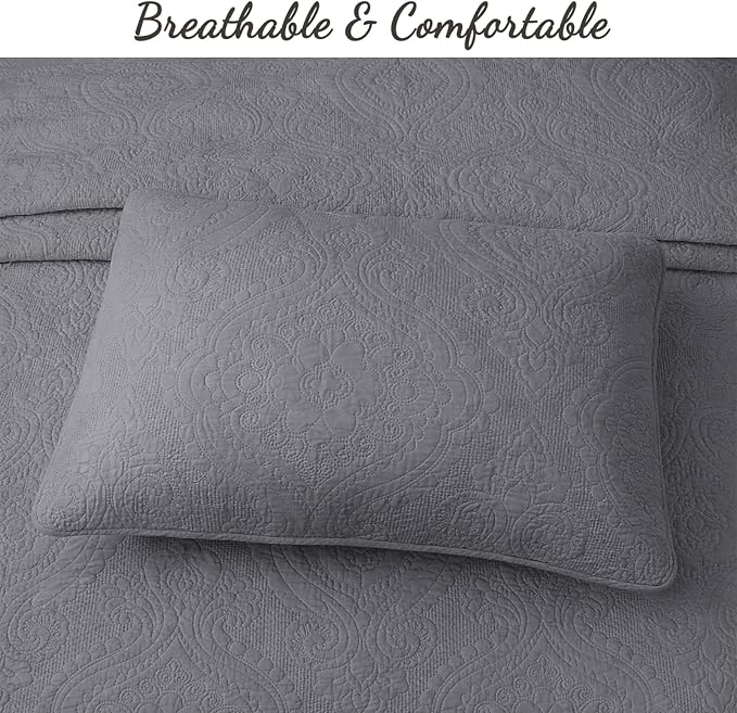 Cozy Line Home Fashions Charcoal Gray Cotton Quilt Set – 3-Piece Solid Textured Quilted Bedspread with Shams, Lightweight All Season Modern Bedding (Medallion - Grey, Queen - 3 piece)
