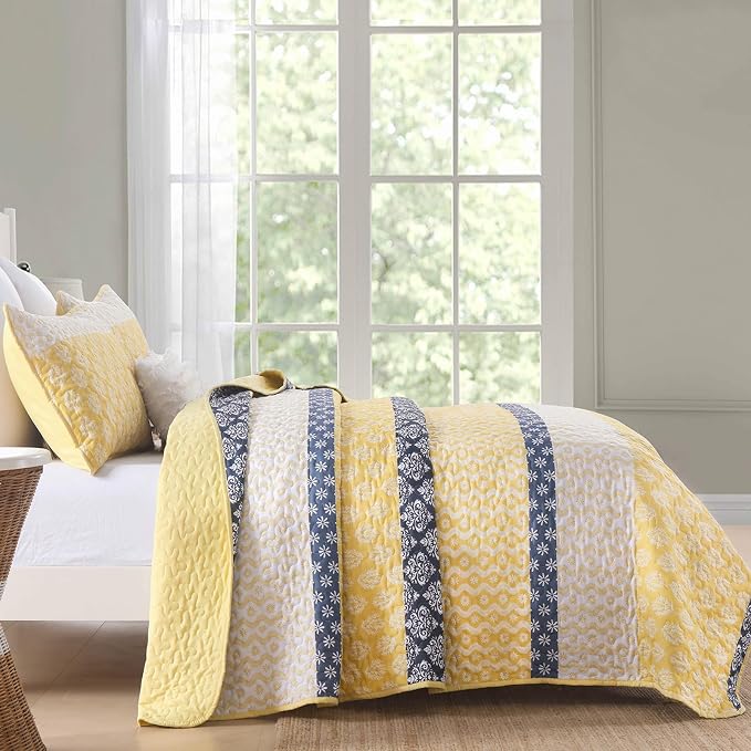 Cottolester Boho Queen Size Quilt Set, Yellow Striped Bedspread Bedding | Soft Microfiber Coverlet,Breathable All-Season,Machine Washable,3-Piece Set,Fits Queen 96"x90",Cozy Essential for Men Women