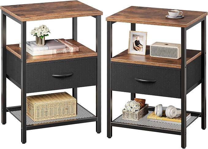 Huuger Nightstand Set of 2, Night Stand with Fabric Drawer, Mesh Shelf | Side Table with Storage, Fabric Drawer Dresser, Open Shelf, Metal Frame, Bedroom, Rustic Brown & Black