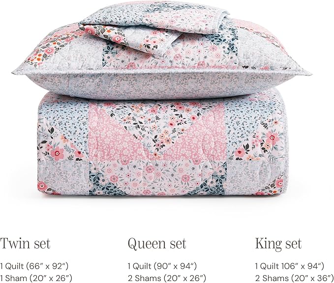 Twin/Twin XL Quilt Set-2 Pieces Soft Bedding Floral Patchwork Coverlet | All Seasons Lightweight Quilts Queen Size, 1 Quilt (66" x 92") and 1 Sham (20" x 26"), Reversible Bedspread, Pink