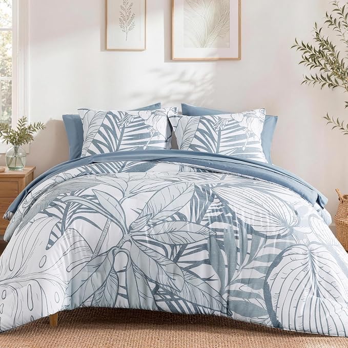 Queen Comforter Set - 7 Pieces Blue Jungle Bed in a Bag Queen Bedding Sets | All Season Botanical Tropical Palm Leaf Comforter Set with Sheets, Pillowcases & Shams