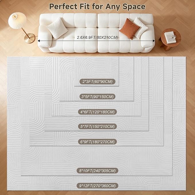 Pauwer 5x7 Area Rugs for Living Room, Modern Non Slip Washable Rug, White | Arch Pattern, Soft Fluffy, Neutral, Boho Accent, Solid Color Floor Carpet, For Kids Room Dining Room Nursery Entryway