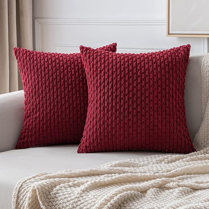 MIULEE Decorative Throw Pillow Covers 18x18 Burgundy Textured Corduroy | Pack of 2 Striped Pillow Covers Modern Farmhouse Home Decor for Couch Bed Sofa Living Room