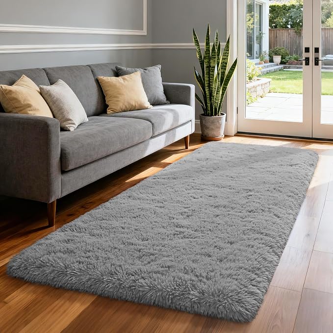 Soft Area Rug Fluffy Rugs for Living Room Bedroom Decor, 2x6 Runner Rugs for Hallway, Shag Furry Bedside Rug Indoor Accent Floor Carpet, Non-Slip Plush Rug for Nursery Kids Room Dorm, Grey