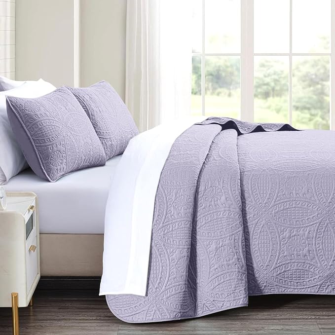 akkialla Lavender Full/Queen Quilt Set,Ultrasonic Lightweight Bedspread Coverlet for Modern Minimalist Bedroom,Soft Microfiber Coin Pattern Bedding,3-Piece (1 Quilt,2 Pillow Shams)