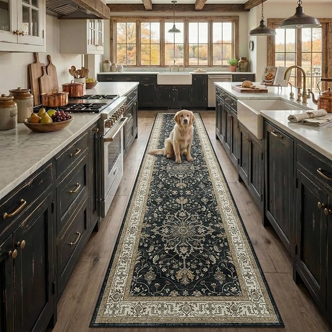 RELEANY Washable Area Rug, Runner 2'x10', Black/Vintage/Beige | Non-Slip, Water Repellent, Pet Friendly, Easy to Clean, Vintage Floral Boho Decor for Kitchen Hallway Bedroom Laundry