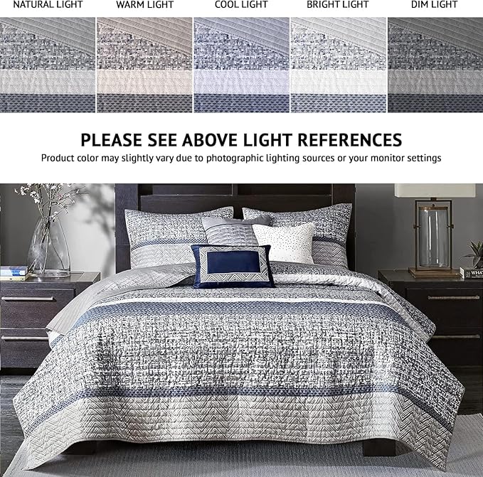 Madison Park Lustrous Jacquard Lightweight Navy Queen Quilt Set, 6pc | All Season Bedding Set, Glitter Accent Coverlet Set, Machine Washable, Cozy, Breathable, Soft, Modern, Casual