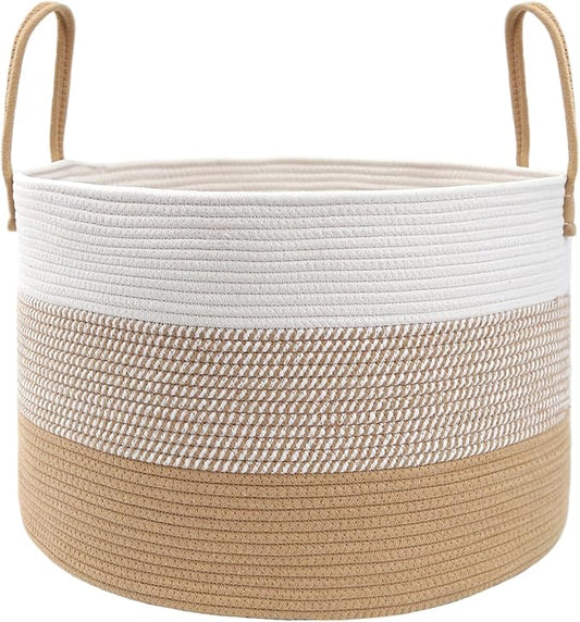JMvicyroam 65L Extra Large Machine Washable Cotton Rope Blanket Basket | Collapsible laundry hamper, Reinforced handles, For blankets,pillows,toys and clothes, Living room and bedroom,White&Jute Mix