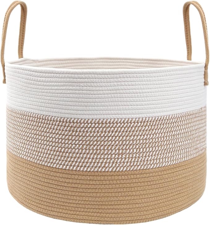 JMvicyroam 115L Extra Large Machine Washable Cotton Rope Blanket Basket | Collapsible laundry hamper, Reinforced handles, For blankets,pillows,toys and clothes, Living room and bedroom,White&Jute Mix