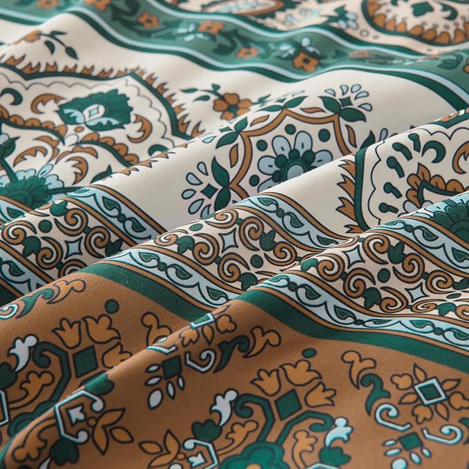 Cottolester Boho Comforter Set King Size,8 Pieces Brown and Green Bohemian Striped Bed in a Bag,Paisley Soft Microfiber Bedding Comforter Set