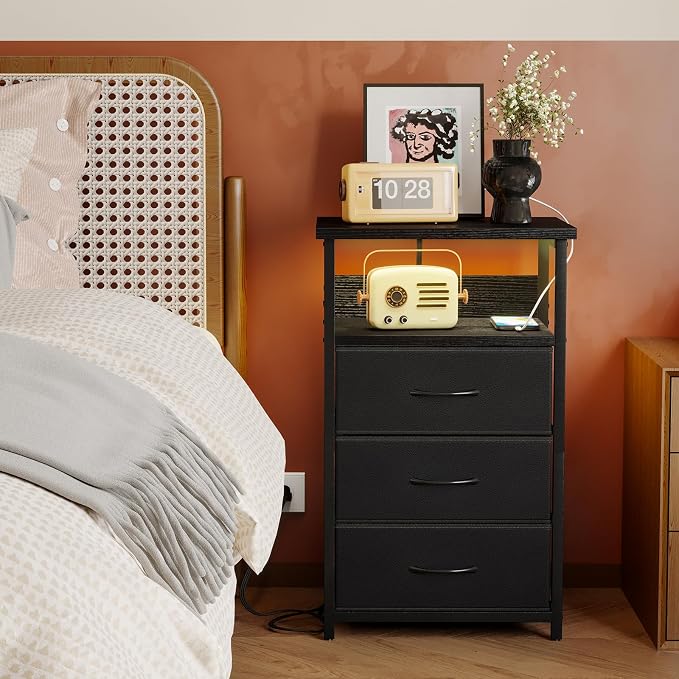 Fixwal Night Stand with 3 Drawers, Black Nightstand with Charging Station | led lights, built-in bedside charger, 2 AC outlets & 2 usb ports, 2 wooden shelves, fabric drawers, bedroom furniture