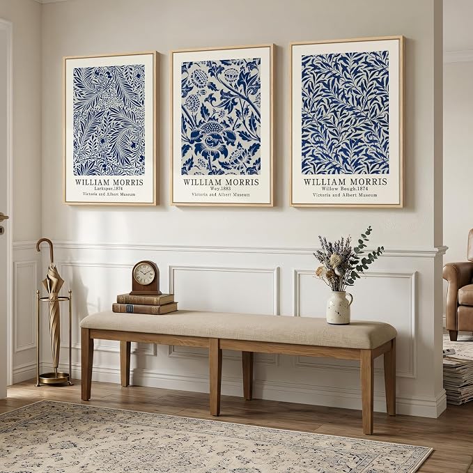 Large Framed William Morris Blue Canvas Wall Art for Living Room, 3 Piece | Fine art, Botanical, Floral, Nature, Aesthetic, Navy blue, Easy to hang, Waterproof, Bedroom/Office/Hallway/Wall decor