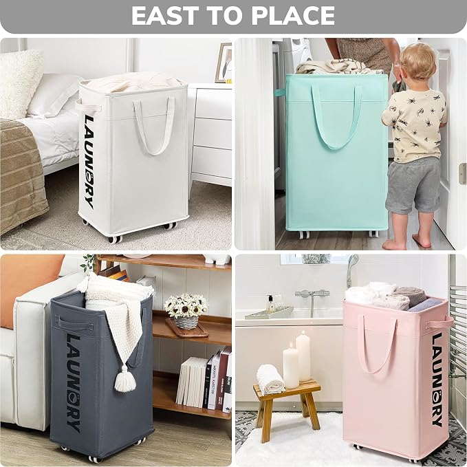 Goodpick 75L Laundry Hamper with Wheels, Dorm Room Essentials for Girls | Rolling Laundry Basket with Handles for Dirty Clothes, Fodable Hamper for Laundry Room, College Dorm, Pink