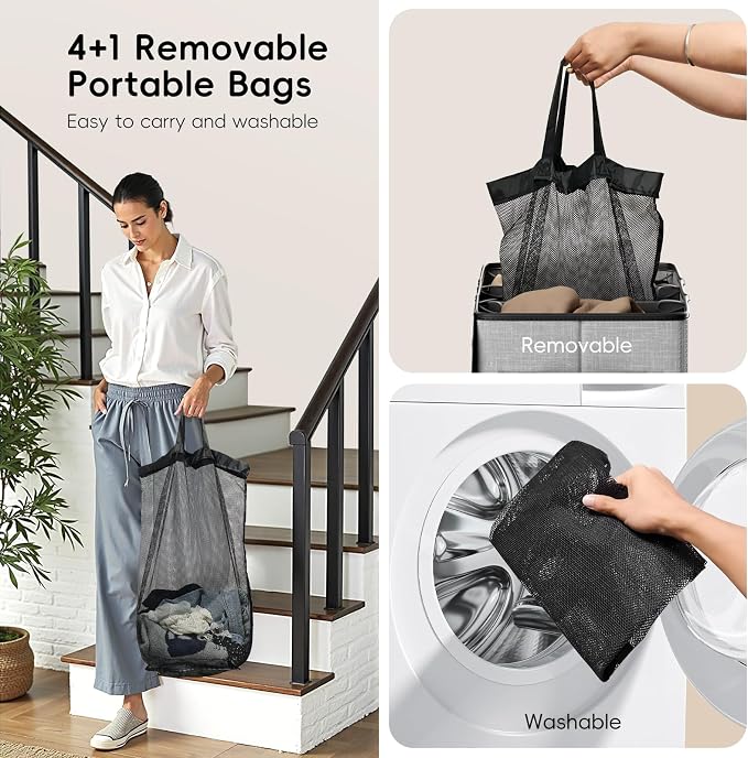 Laundry Hamper 4-Section with Lid, 185L Laundry Sorter with 4 Removable Bags + 1 Extra Large Bag, Switchable 3/4 Compartment, Laundry Basket Organizer for Bedroom, Laundry Room，Grey