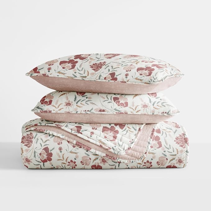 Merit Linens 3 Piece Quilt Set - Super Soft - Lightweight - All Season Quilted Coverlet - Timeless Patterns - King/Cal-King Rose