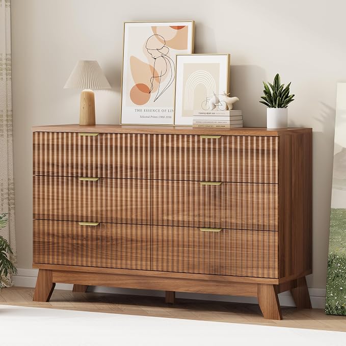 Xixini Fluted Dresser for Bedroom with 6 Drawers, 48" Wide Modern Chest of Drawers with Metal Handle, Wooden Dresser TV Stand, Wood Closet Clothes Storage Organizer for Living Room, Hallway, Walnut