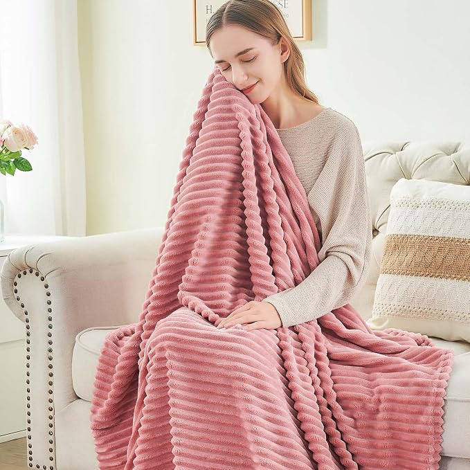 BEDELITE 3D Ribbed Jacquard Pink Fleece Twin Blanket for Couch, 60x80 Inch | Soft Warm Fluffy Blanket for Bed Sofa College Dorm Room Decor, Luxury Cozy Plush Birthday Gifts for Women Girls, Lightweight